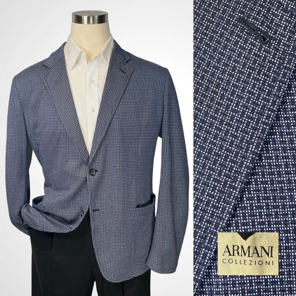 Armani Collezioni Weekender Blazer 48R Blue Geo Unlined Stretch Cotton
